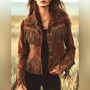 ❤️Hello Fringe!! Western Vegan Brown Suede Fringe Button Up Jacket Plus Size